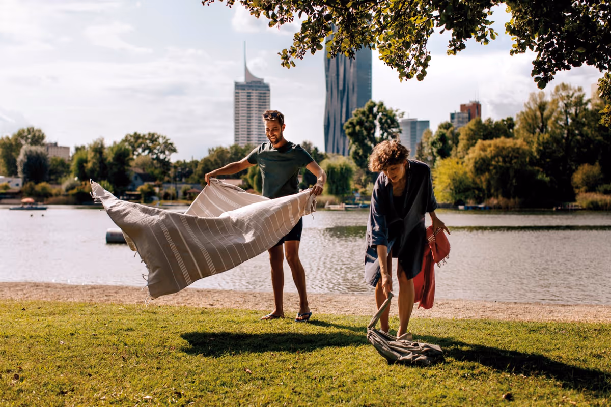 Un rilassante picnic all'aperto all'ombra degli alberi lungo le rive del Vecchio Danubio, tra il verde della natura e lo skyline della Vienna contemporanea