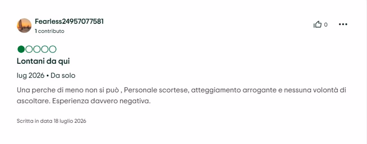 La recensione falsa lasciata dall'utente Fearless24957077581 alla Trattoria Ponte Peron