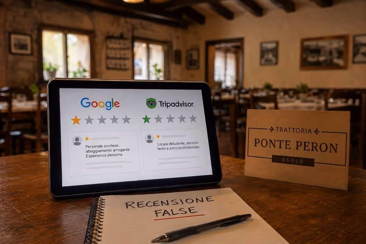 Tablet con recensioni negative su Google e Tripadvisor accanto al logo Ponte Peron