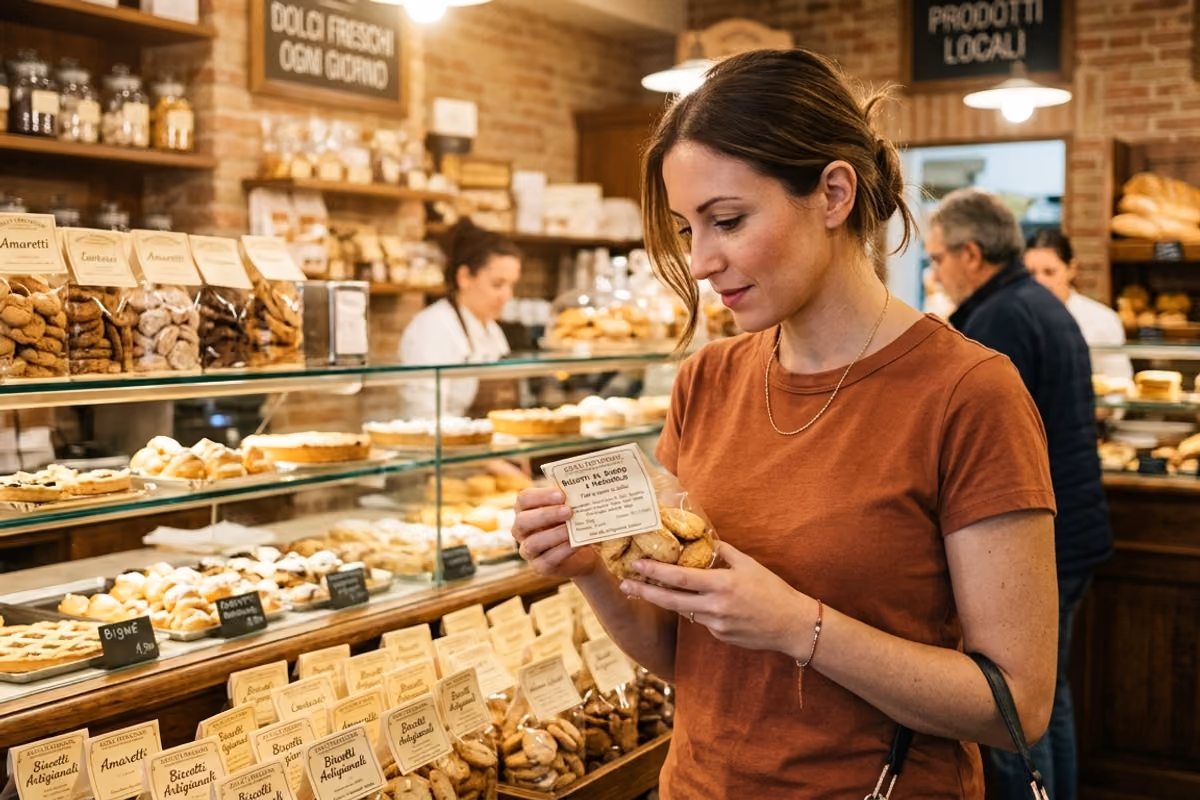 Donna che esamina l'etichetta di un sacchetto di biscotti artigianali in una pasticceria