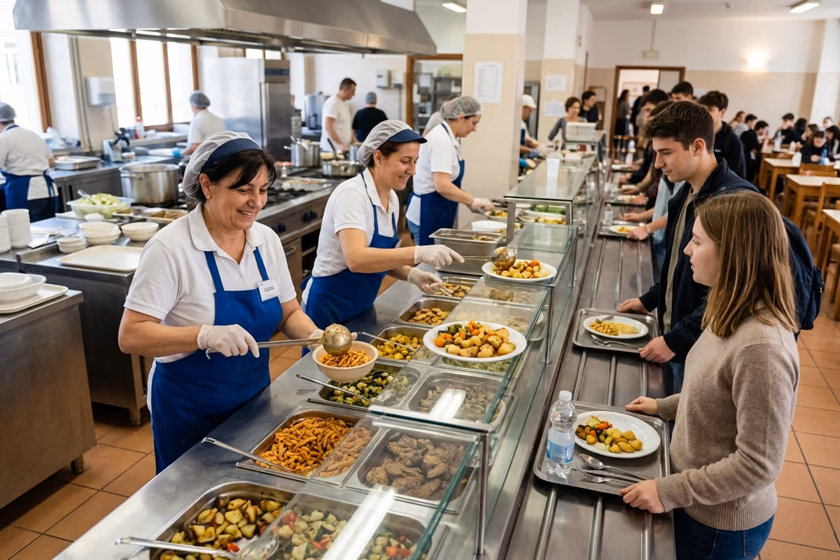 addette alle mense servono i pasti agli studenti in linea di distribuzione