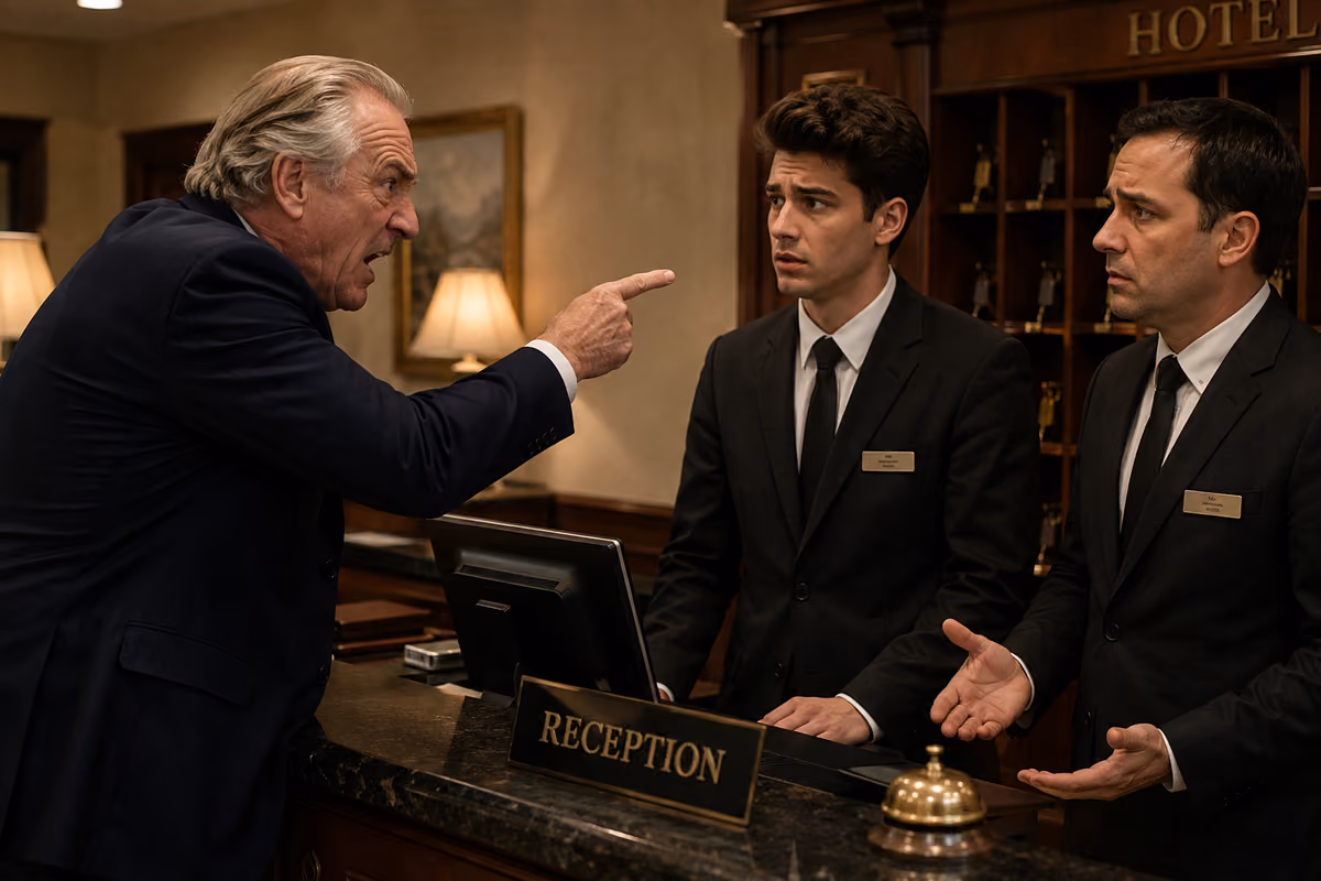 un cliente anziano punta il dito contro due giovani receptionist in hotel